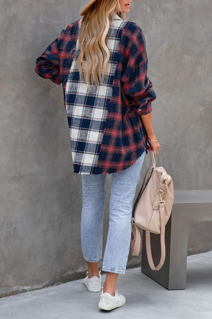 Tops casuales de cuello vuelto con patchwork a cuadros