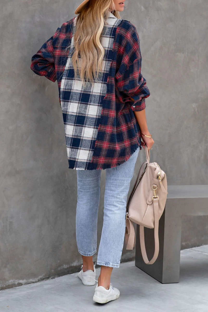 Tops casuales de cuello vuelto con patchwork a cuadros