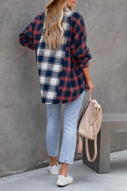 Tops casuales de cuello vuelto con patchwork a cuadros