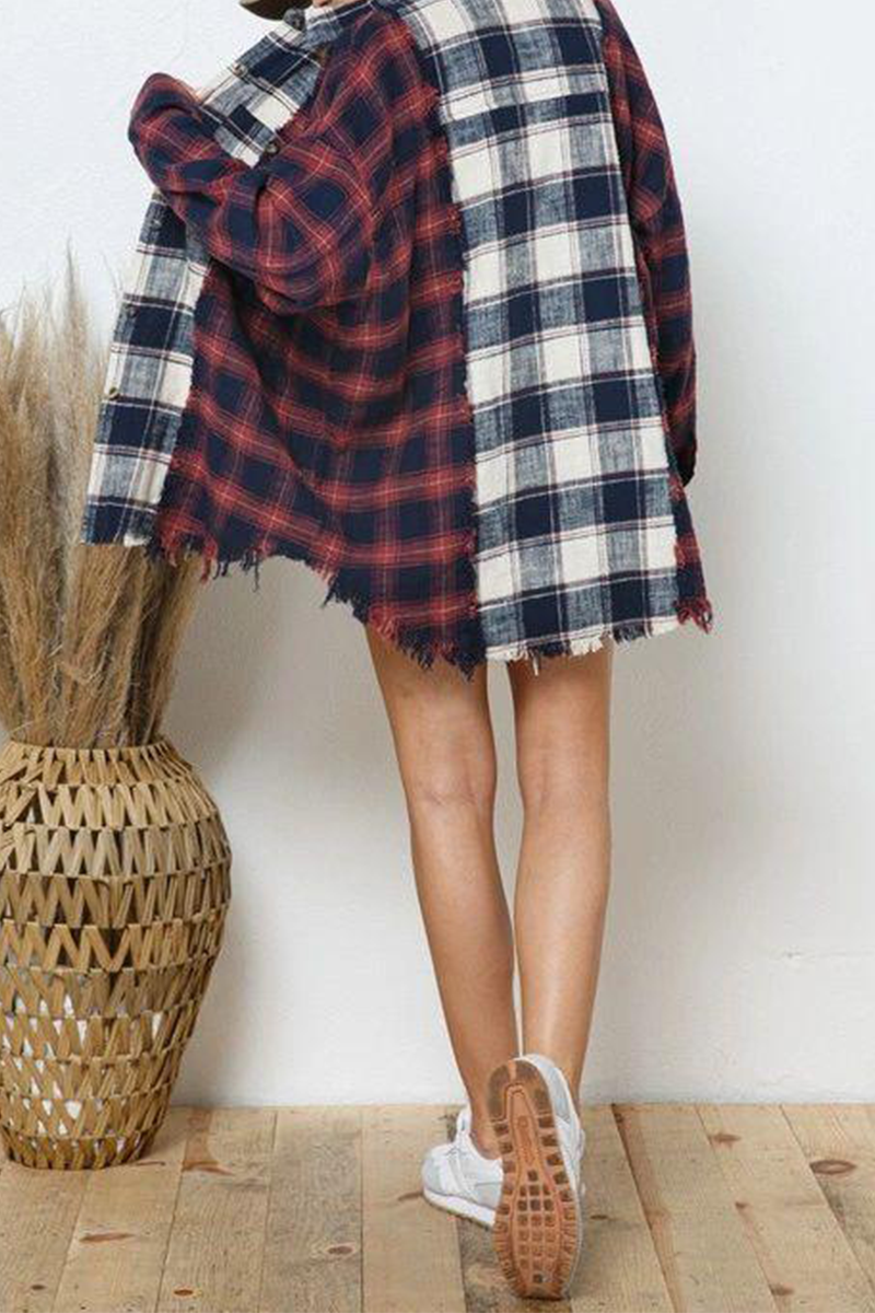 Tops casuales de cuello vuelto con patchwork a cuadros