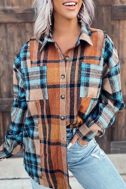 Tops casuales de cuello vuelto con patchwork a cuadros