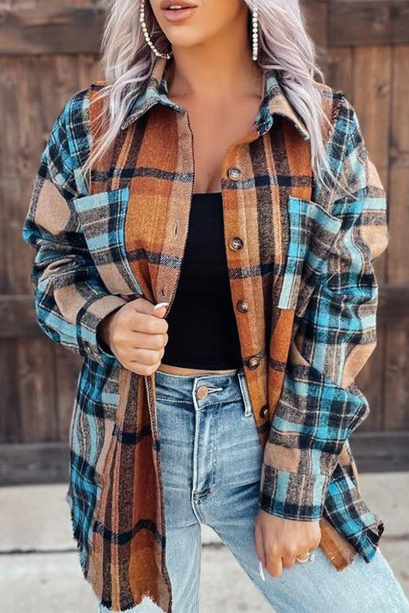 Tops casuales de cuello vuelto con patchwork a cuadros