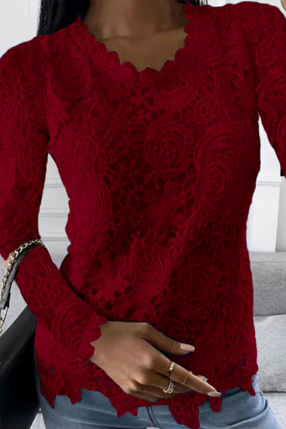 Blusas de manga larga con cuello redondo y encaje liso a la moda (5 colores)