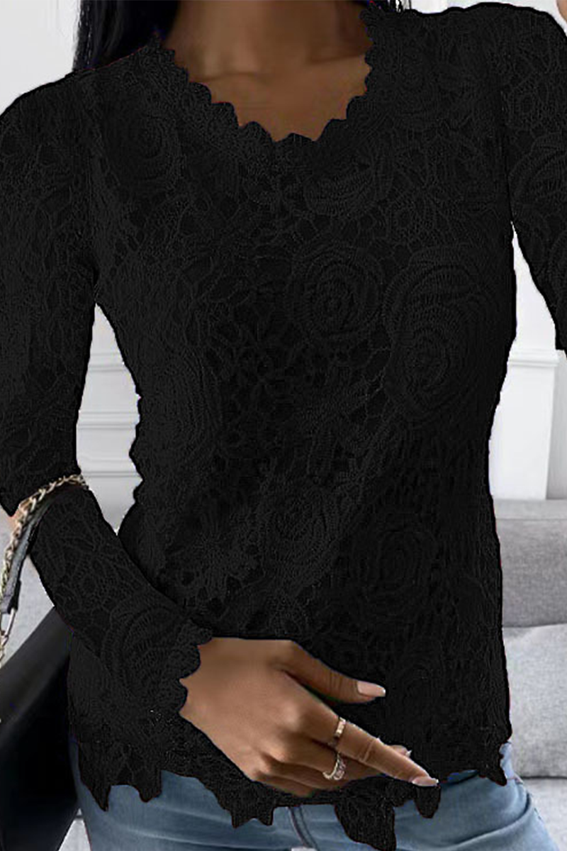 Blusas de manga larga con cuello redondo y encaje liso a la moda (5 colores)