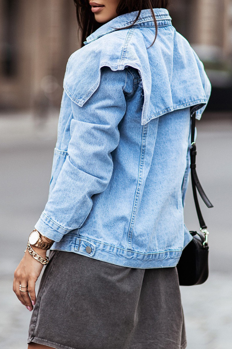 Chaqueta vaquera regular de manga larga con cuello vuelto y parches sólidos a la moda