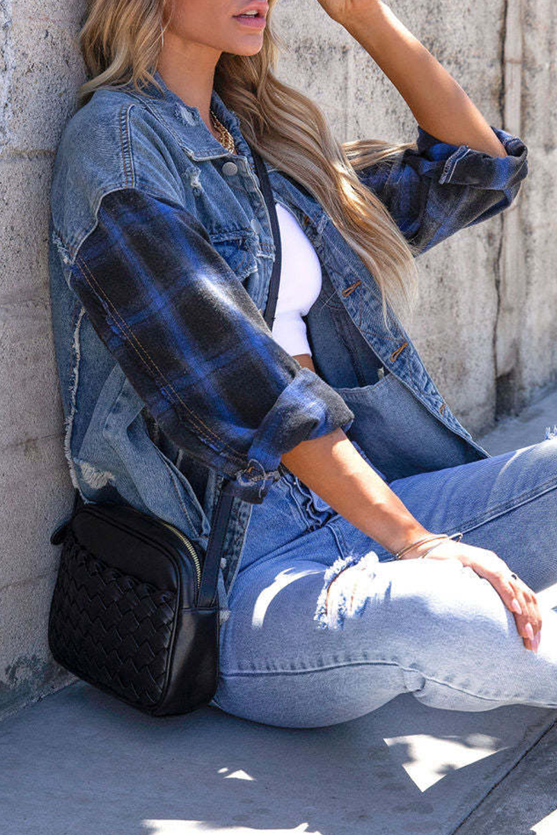 Chaqueta vaquera informal de manga larga y recta con cuello vuelto y parches lisos