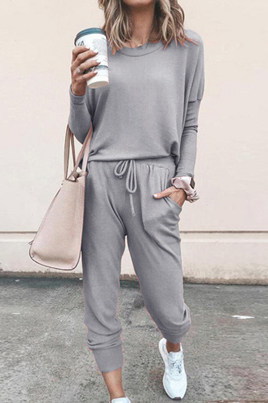 Conjunto informal de dos piezas con cuello redondo, manga larga y parches sólidos (8 colores)