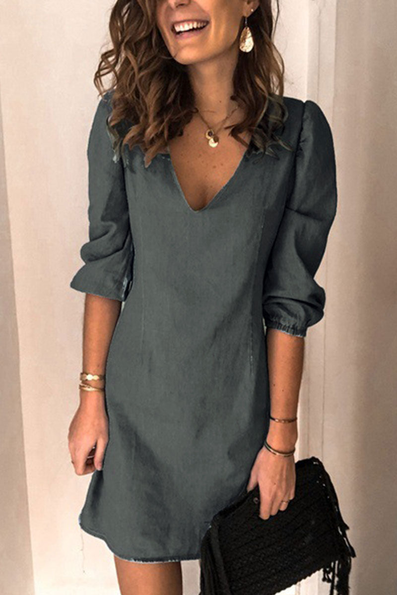 Vestido vaquero informal de moda con escote en V liso (4 colores)