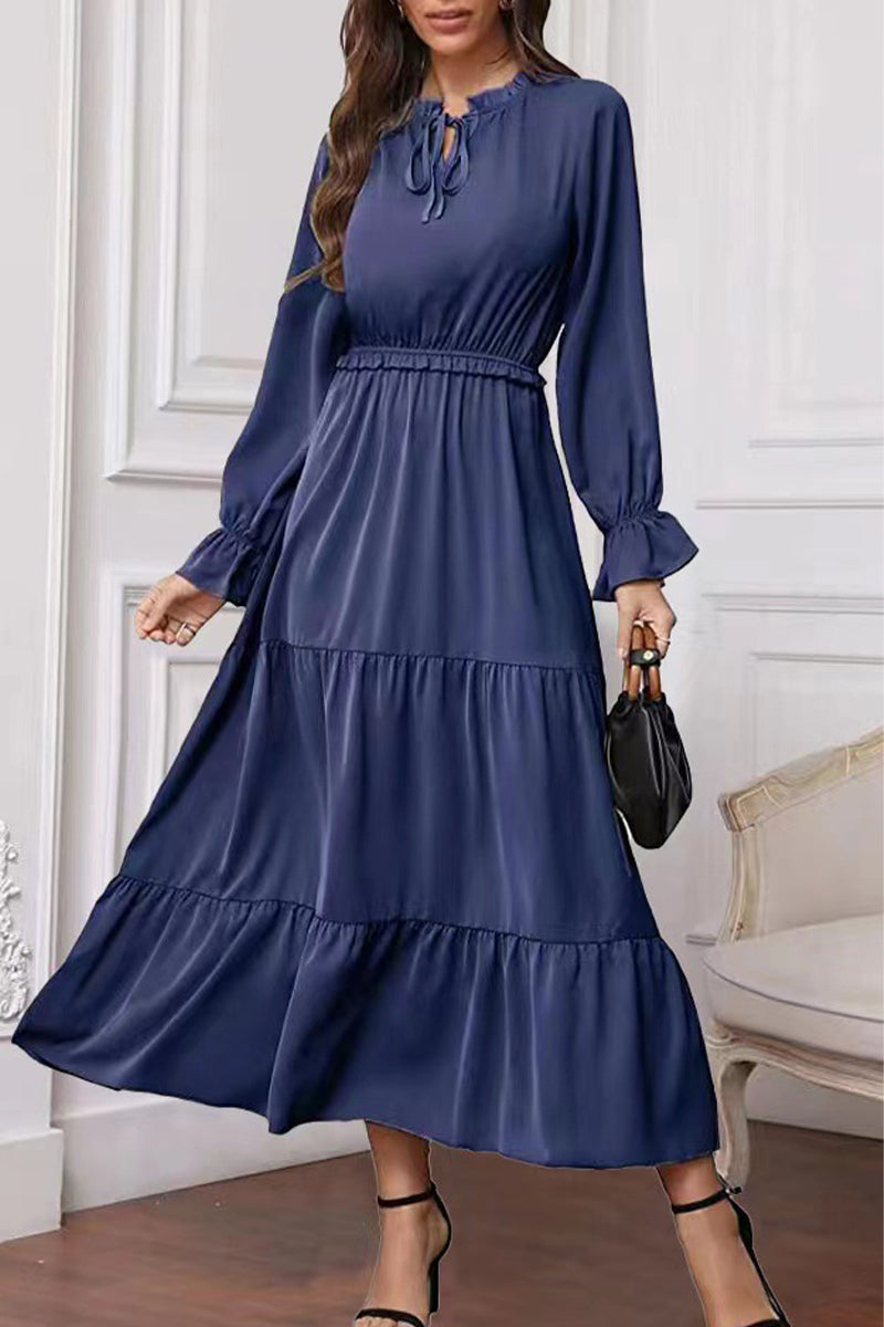 Vestido largo elegante de moda con cuello de hoja de loto y frenillo liso (8 colores)