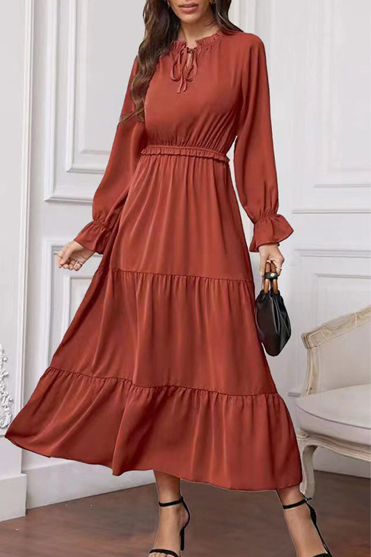 Vestido largo elegante de moda con cuello de hoja de loto y frenillo liso (8 colores)