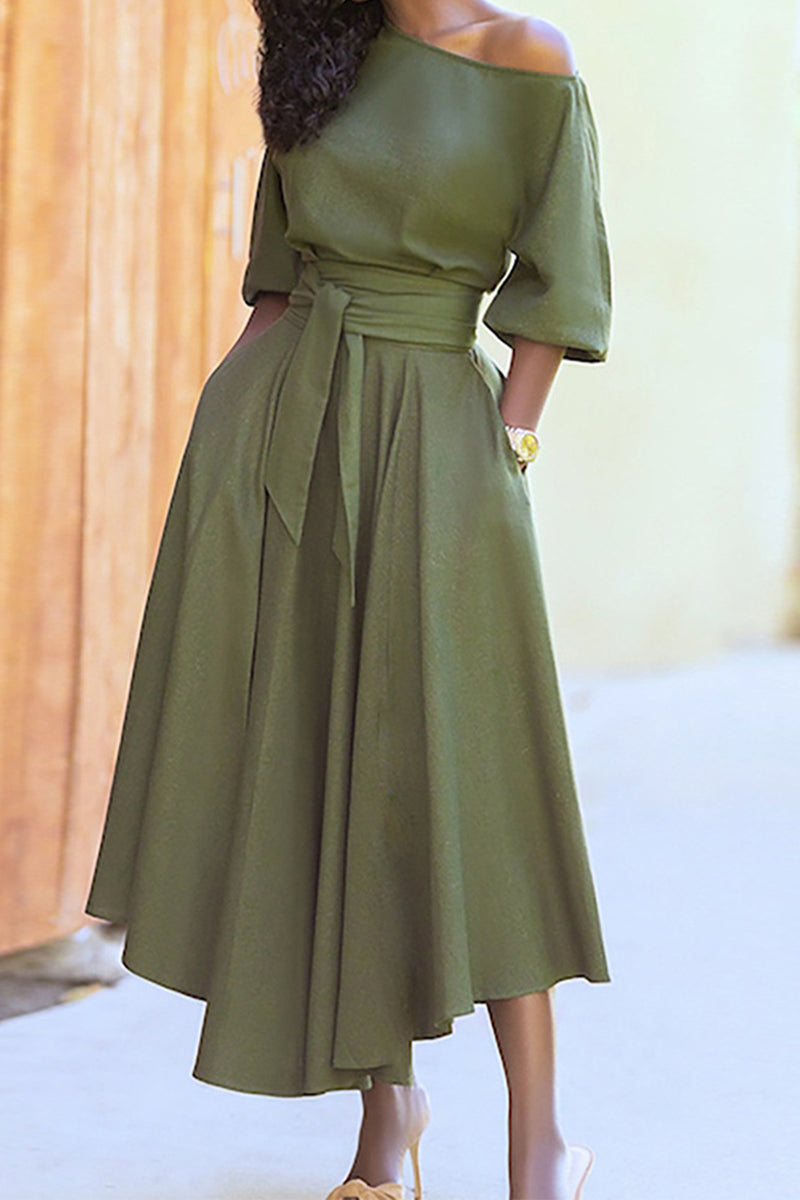 Vestido de moda con cuello oblicuo y vendaje irregular (4 colores)