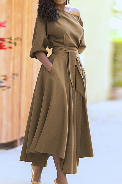 Vestido de moda con cuello oblicuo y vendaje irregular (4 colores)