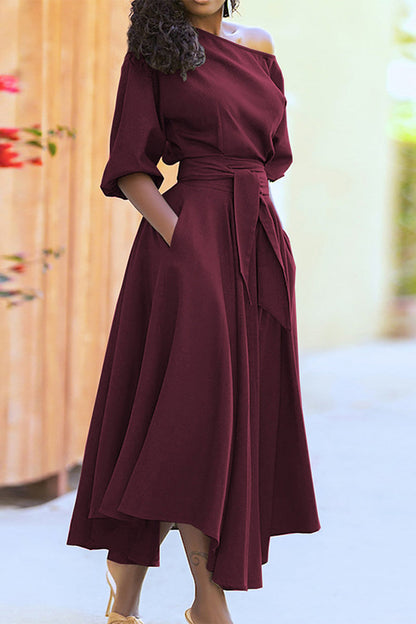 Vestido de moda con cuello oblicuo y vendaje irregular (4 colores)