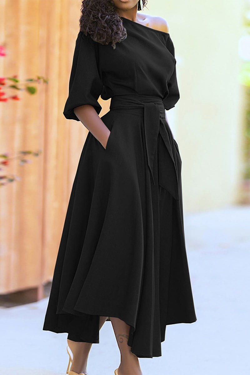 Vestido de moda con cuello oblicuo y vendaje irregular (4 colores)