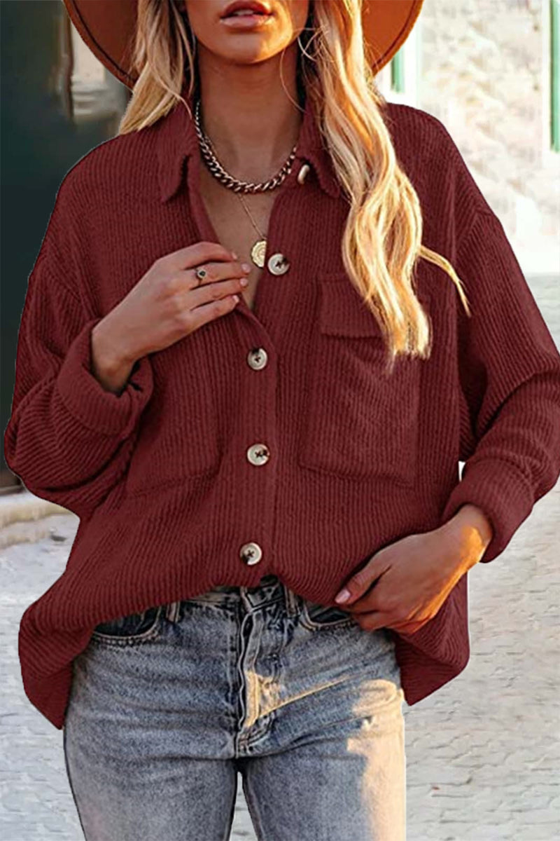 Blusas casuales de cuello vuelto con bolsillos lisos (8 colores)