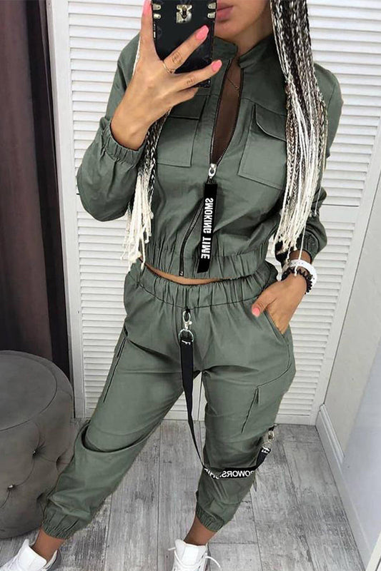 Conjunto informal de dos piezas con cuello mandarín y cremallera lisa (3 colores)