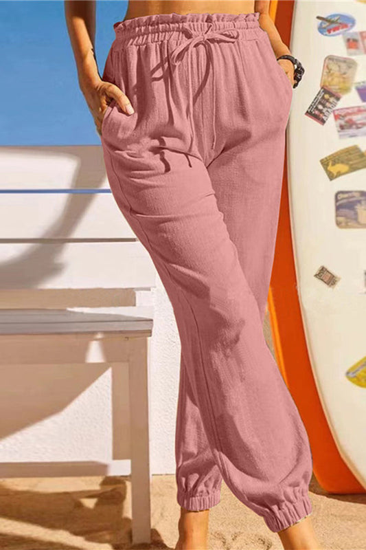 Pantalones casuales de color liso con frenillo regular tipo farol (8 colores)
