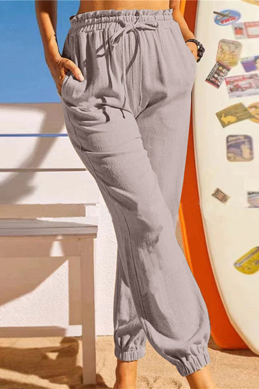 Pantalones casuales de color liso con frenillo regular tipo farol (8 colores)