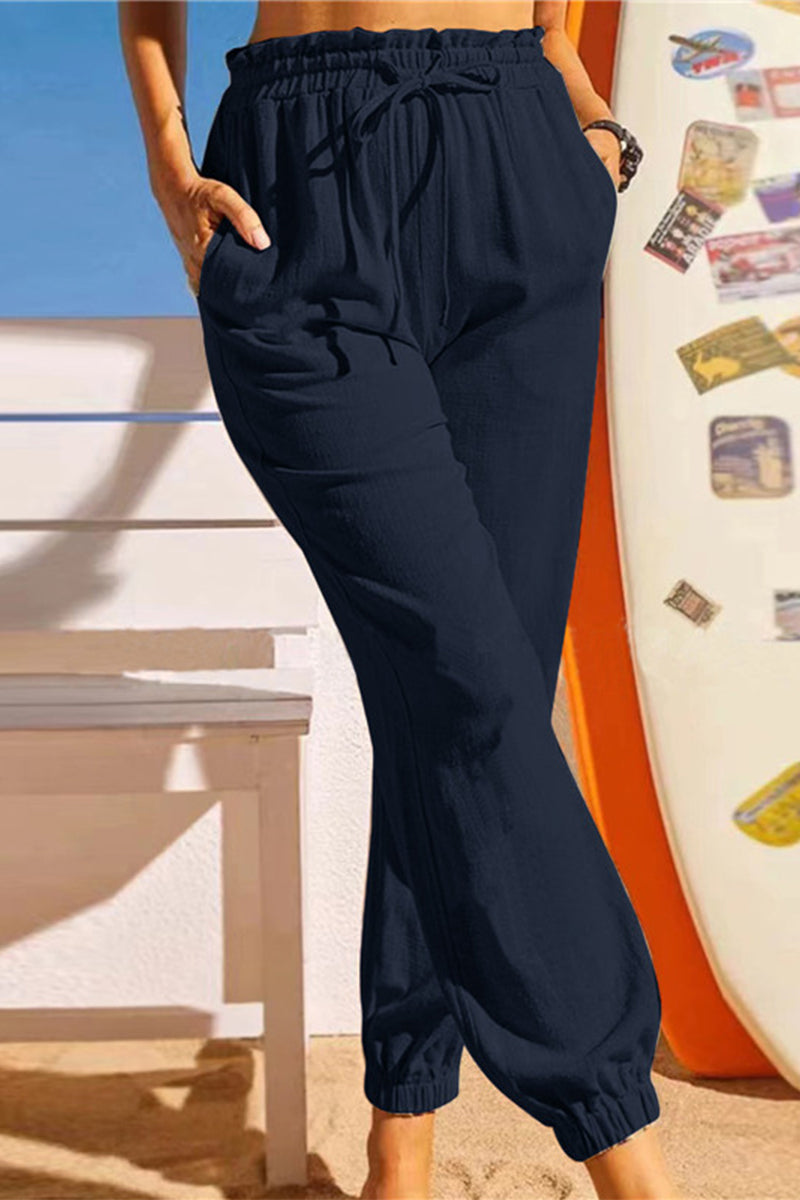 Pantalones casuales de color liso con frenillo regular tipo farol (8 colores)