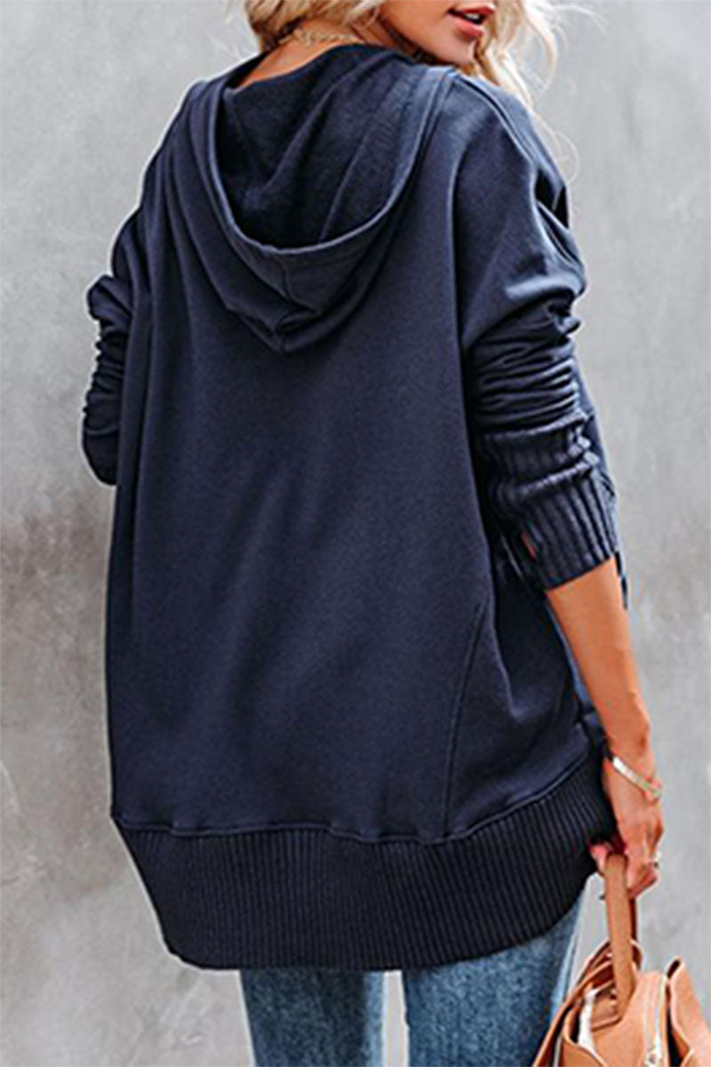 Sudadera con capucha y cuello con hebilla y bolsillo liso informal (9 colores)
