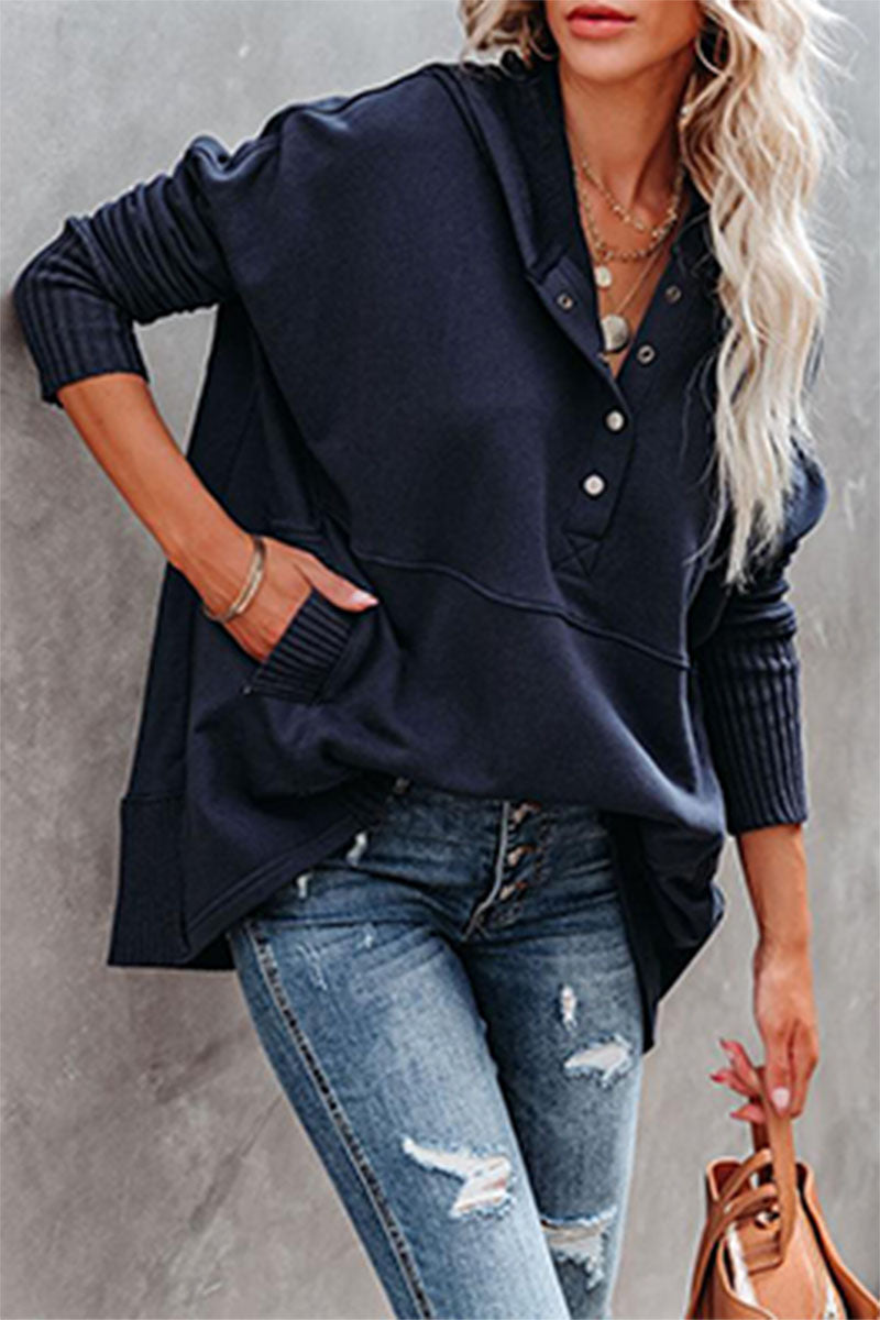 Sudadera con capucha y cuello con hebilla y bolsillo liso informal (9 colores)