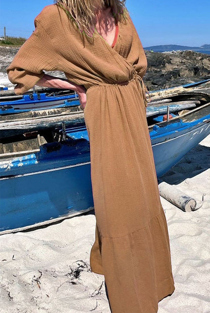 Vestidos de moda con cuello en V, patchwork liso y corte A (3 colores)