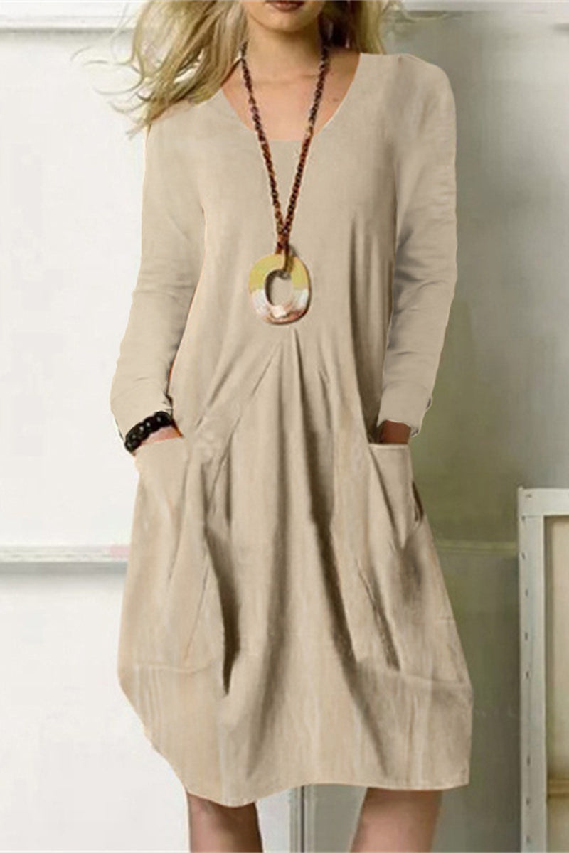Vestidos casuales de manga larga con cuello redondo y bolsillos lisos (4 colores)