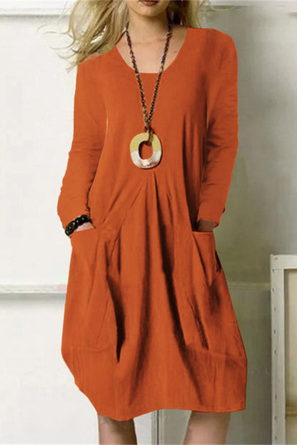 Vestidos casuales de manga larga con cuello redondo y bolsillos lisos (4 colores)