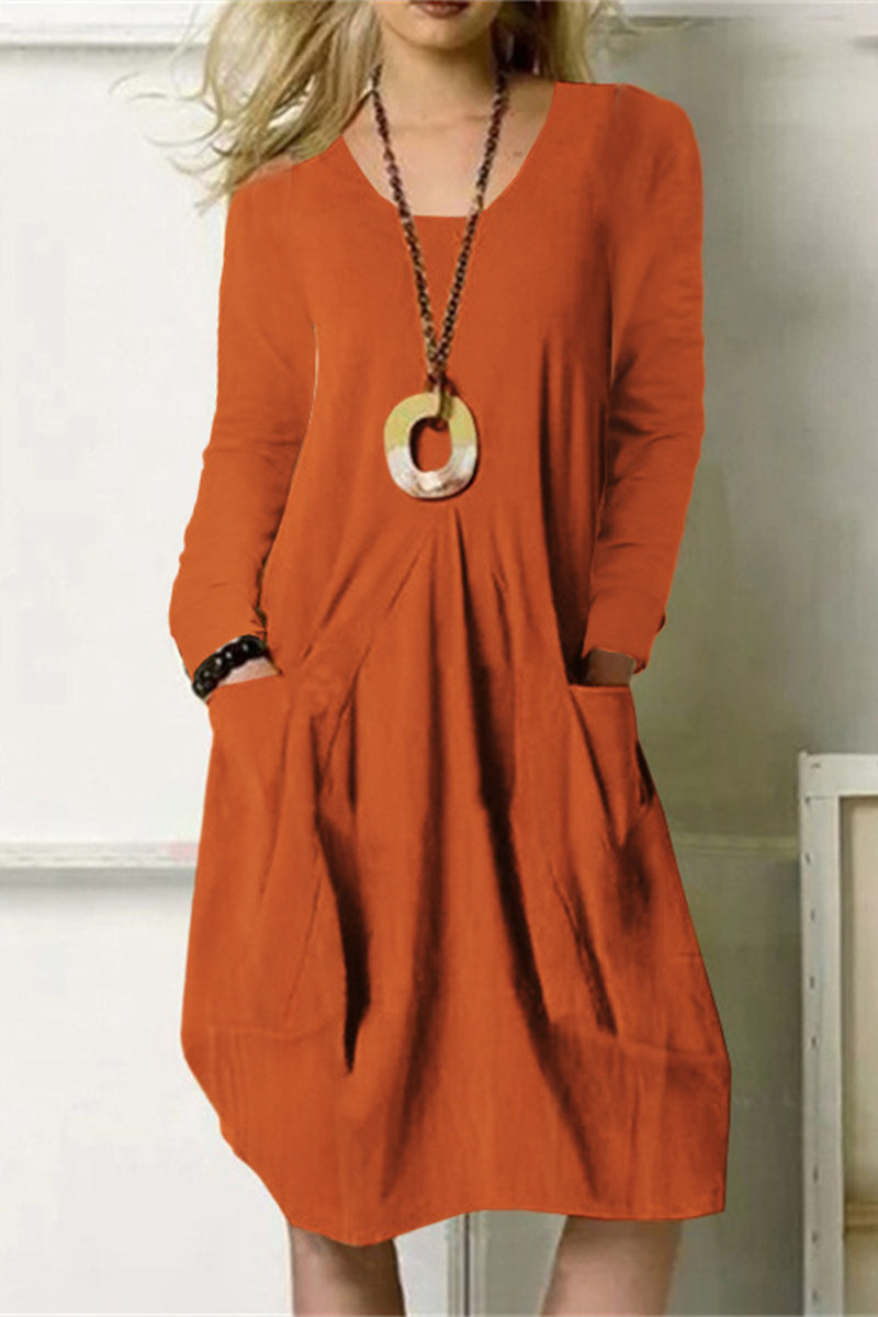 Vestidos casuales de manga larga con cuello redondo y bolsillos lisos (4 colores)