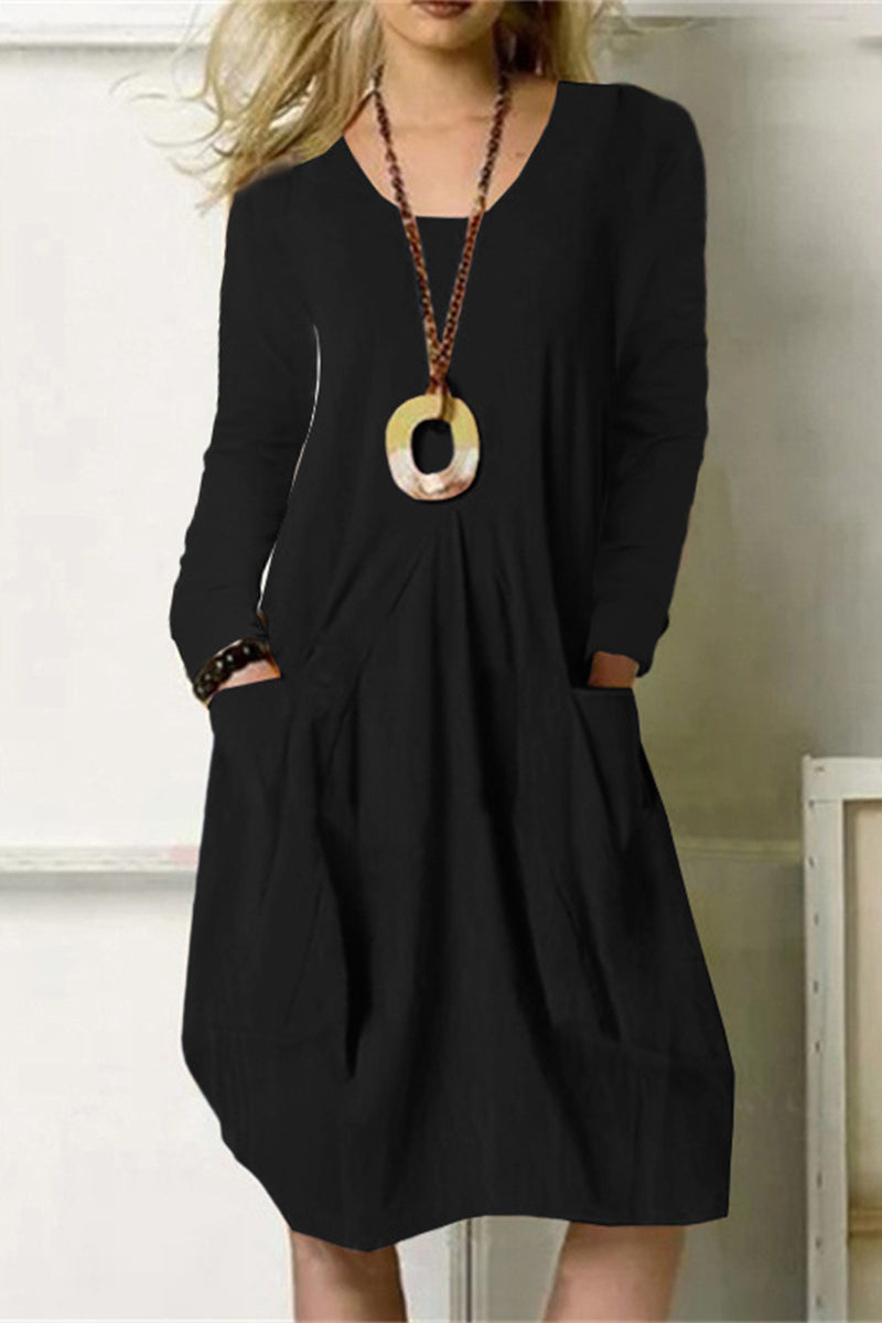 Vestidos casuales de manga larga con cuello redondo y bolsillos lisos (4 colores)