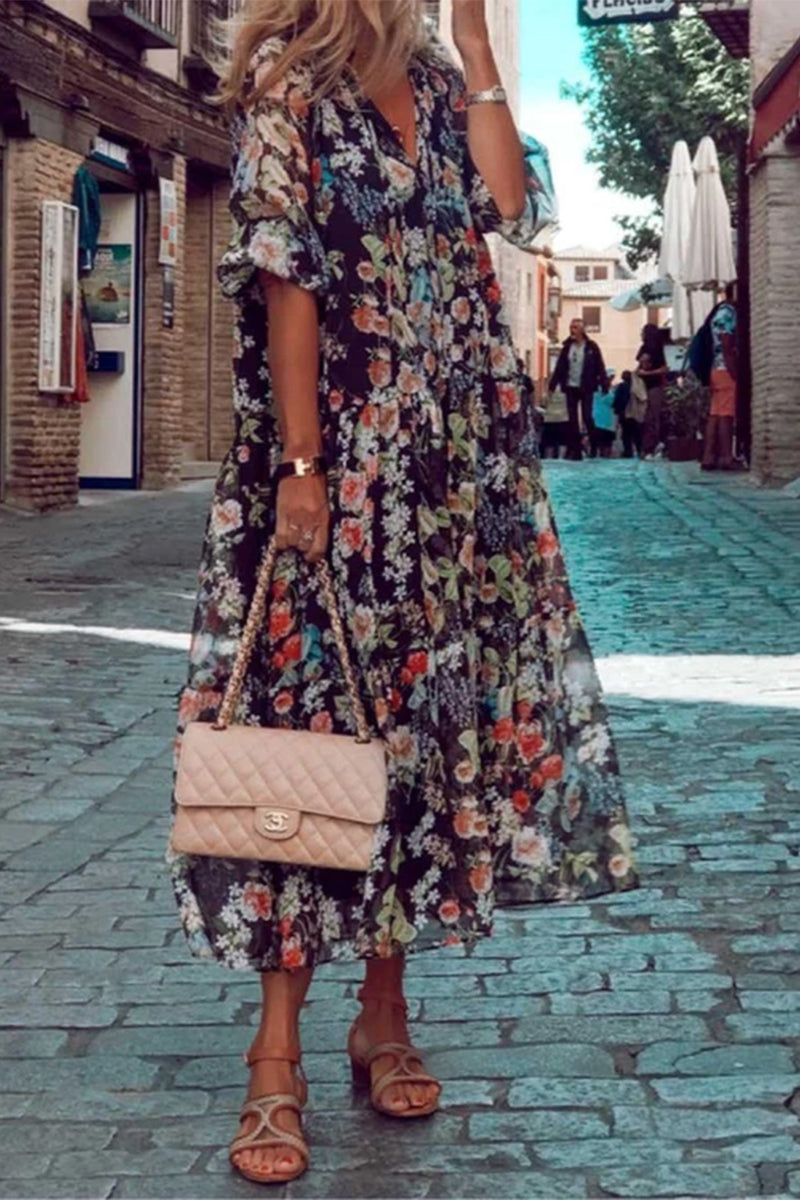Vestidos casuales con estampado de patchwork, cuello en V y falda pastel