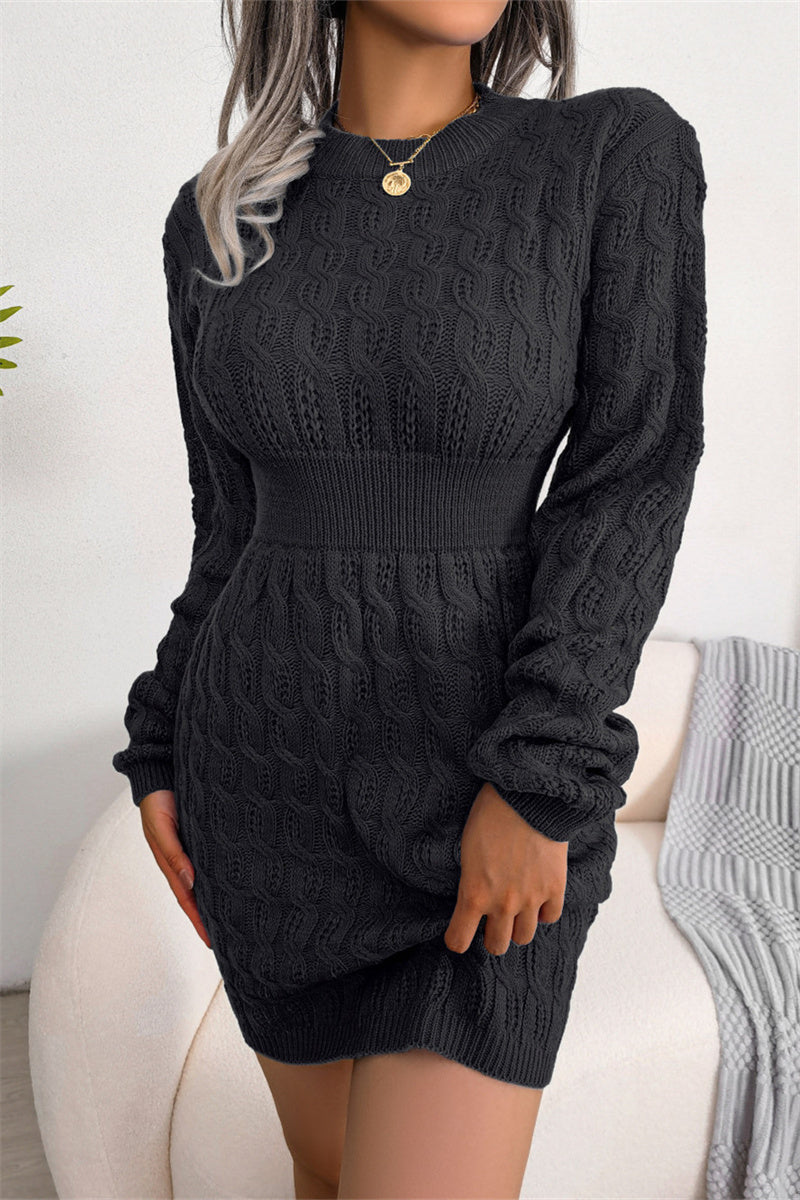 Vestidos casuales de moda con cuello redondo, manga larga y parches sólidos