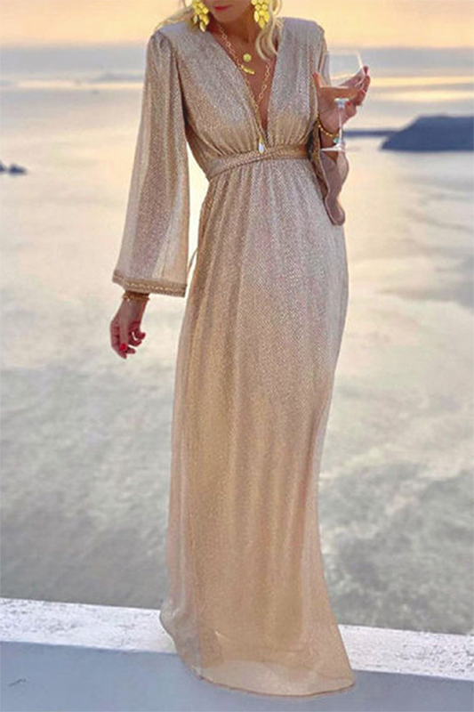 Vestido de noche elegante de moda con cuello en V y pliegues de patchwork liso (4 colores)