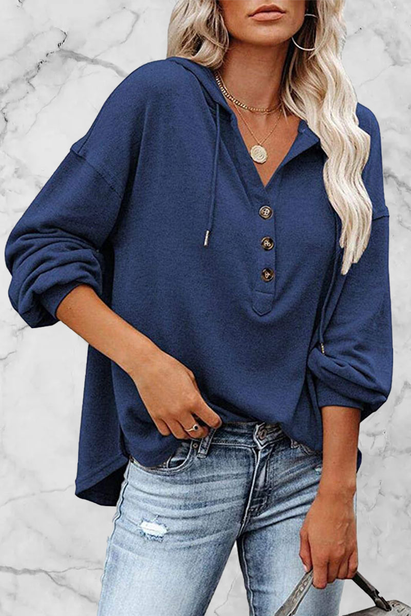 Sudadera informal con cuello en V y frenillo liso (8 colores)