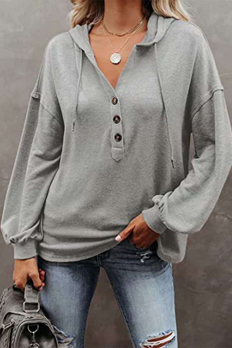 Sudadera informal con cuello en V y frenillo liso (8 colores)
