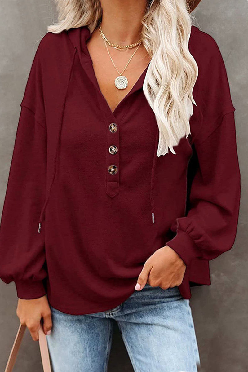 Sudadera informal con cuello en V y frenillo liso (8 colores)