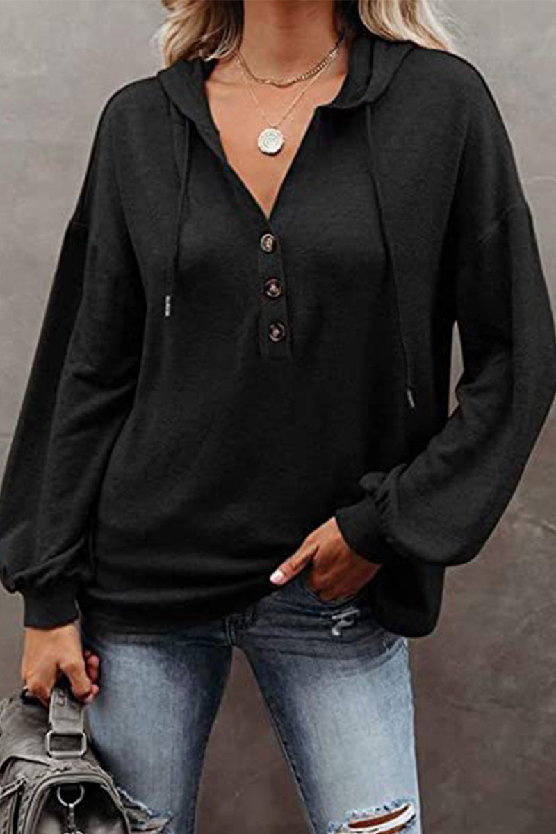 Sudadera informal con cuello en V y frenillo liso (8 colores)