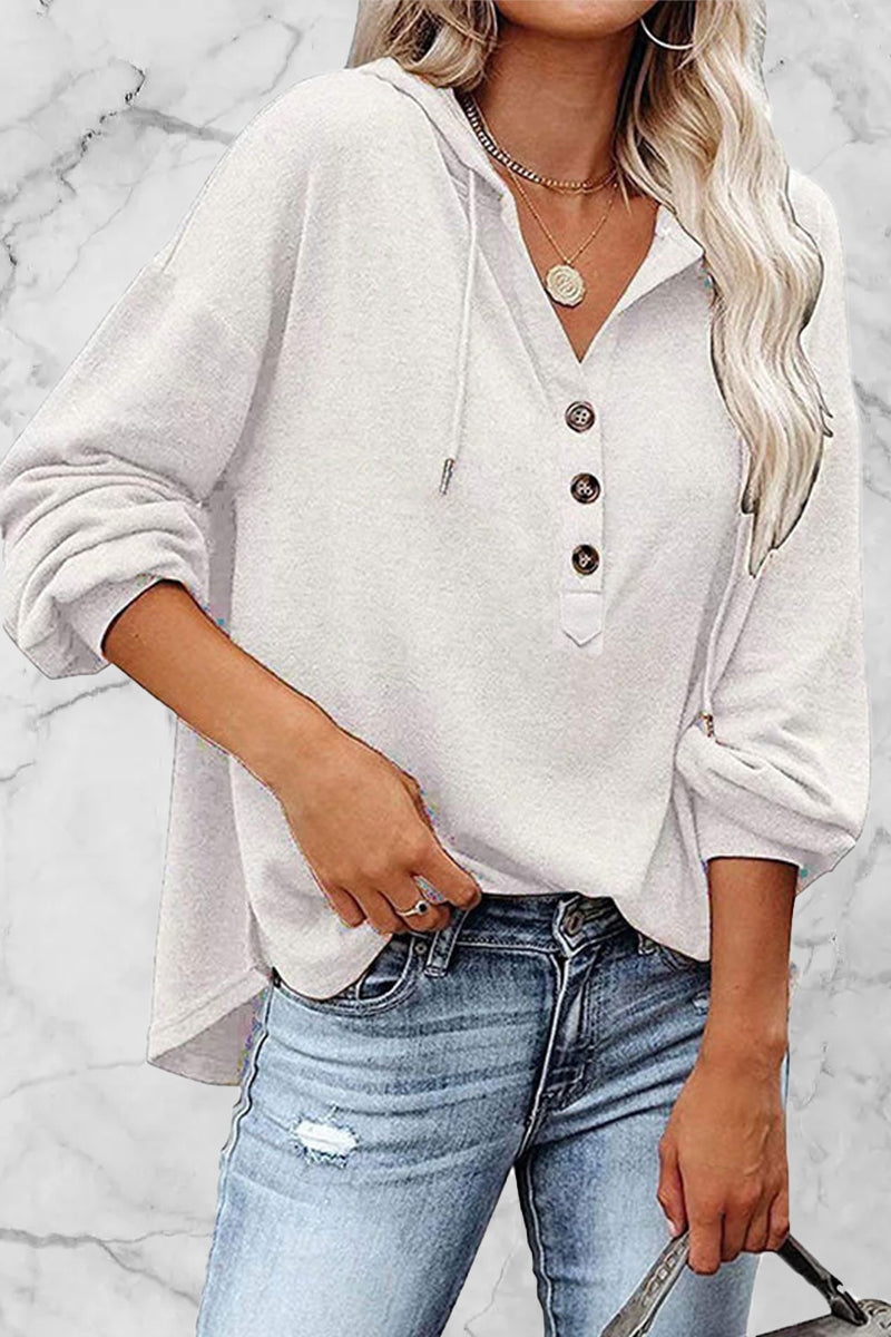 Sudadera informal con cuello en V y frenillo liso (8 colores)