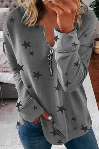 Sudadera con capucha informal con cuello y cremallera y estampado de estrellas (8 colores)