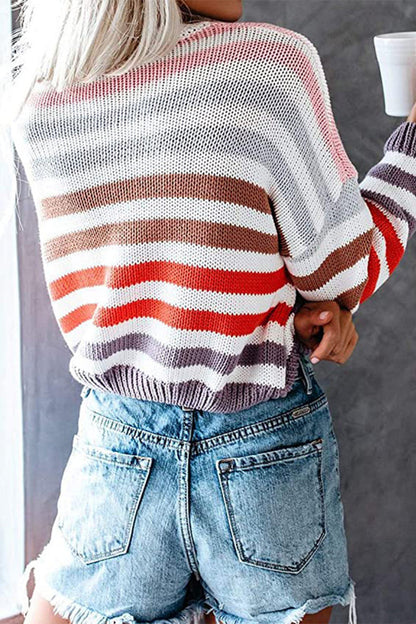 Tops de cuello redondo con patchwork de rayas dulces de moda