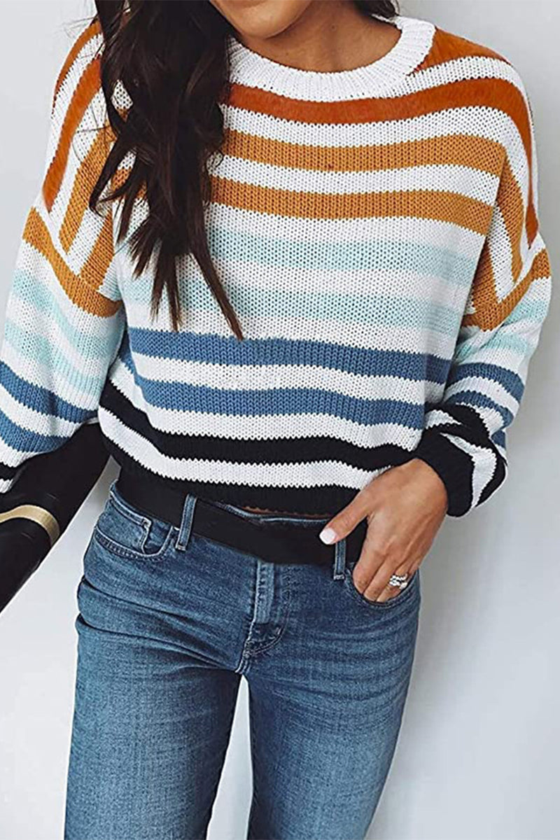Tops de cuello redondo con patchwork de rayas dulces de moda