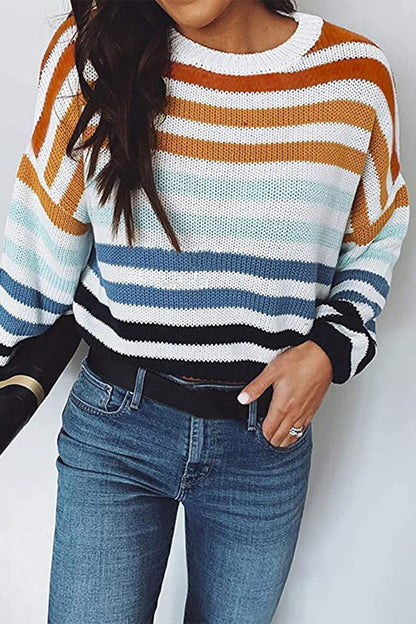 Tops de cuello redondo con patchwork de rayas dulces de moda