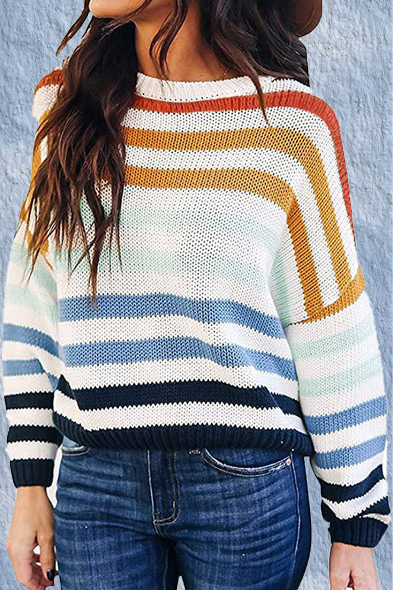 Tops de cuello redondo con patchwork de rayas dulces de moda