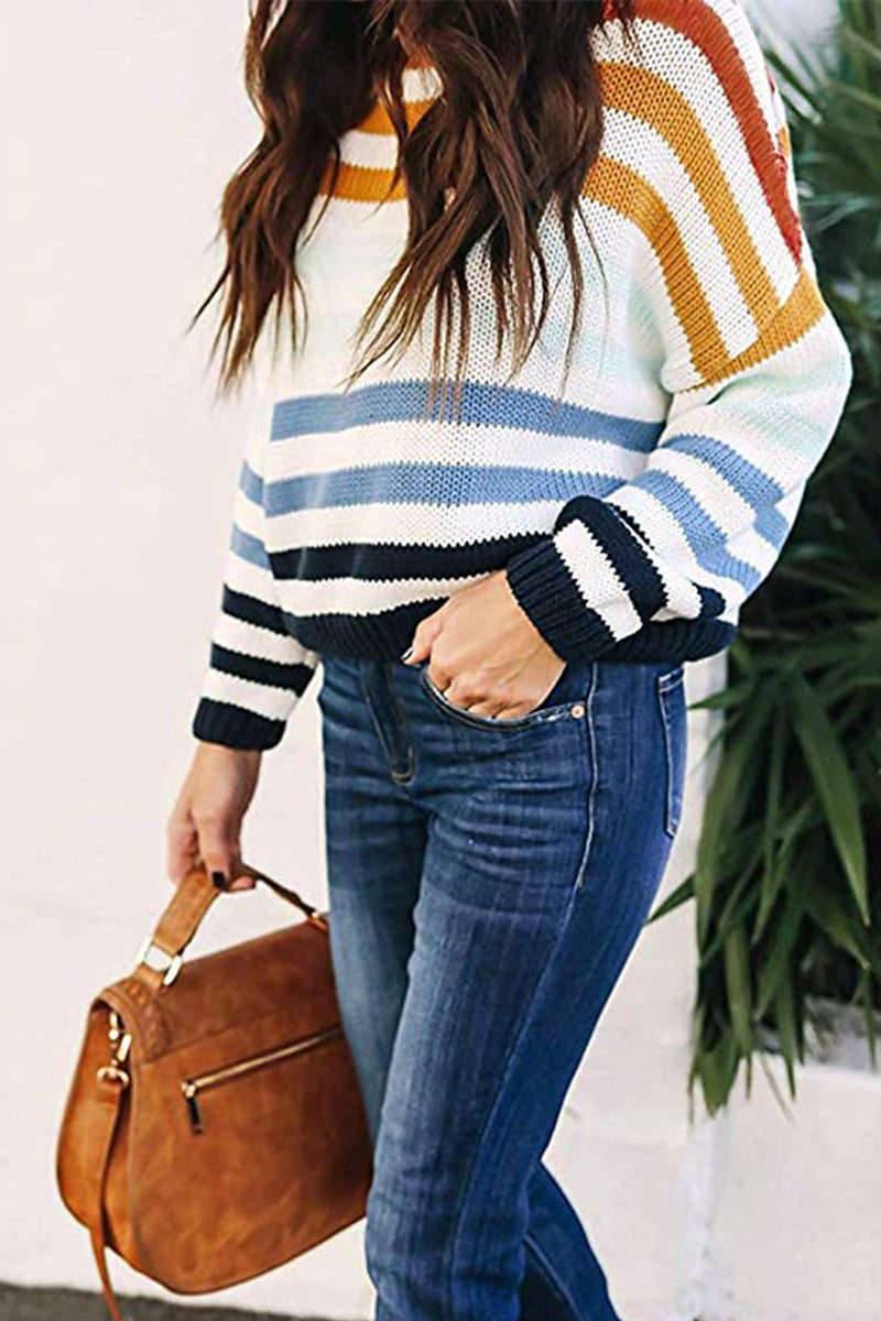 Tops de cuello redondo con patchwork de rayas dulces de moda