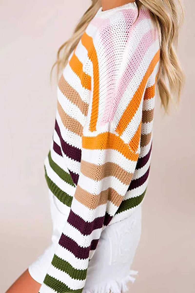 Tops de cuello redondo con patchwork de rayas dulces de moda