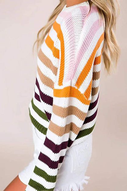 Tops de cuello redondo con patchwork de rayas dulces de moda