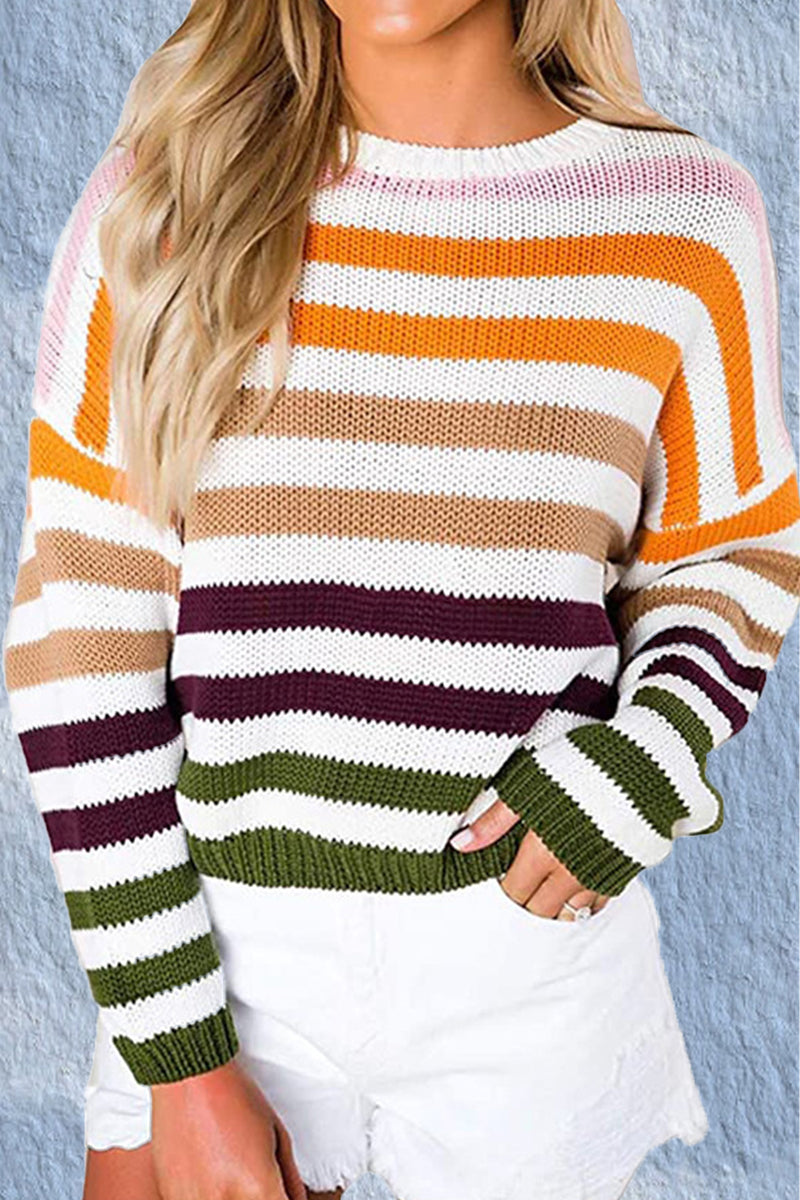 Tops de cuello redondo con patchwork de rayas dulces de moda