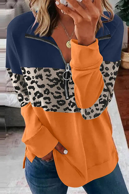 Fashion Color Block Patchwork Zipper Collar Tops(8 Colors)