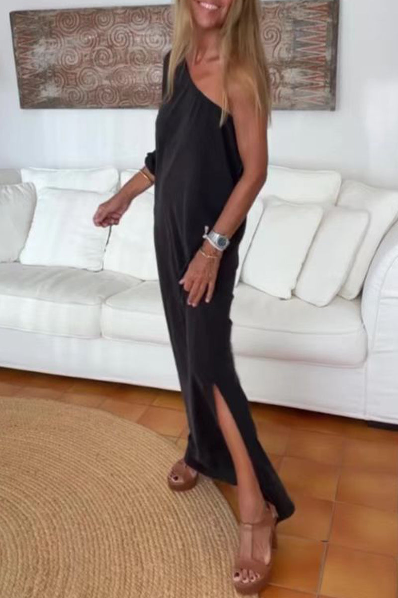 Vestidos casuales de moda con cuello oblicuo liso y falda de un solo paso (3 colores)