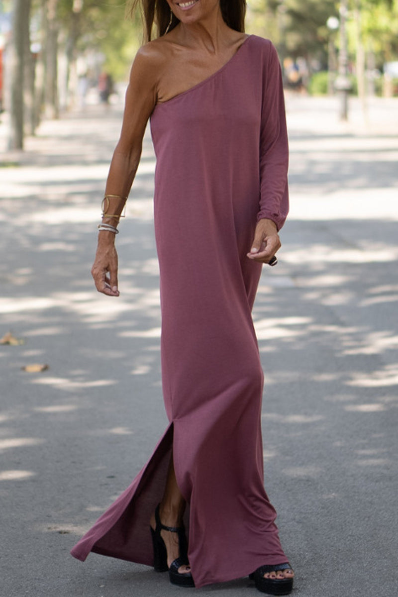 Vestidos casuales de moda con cuello oblicuo liso y falda de un solo paso (3 colores)